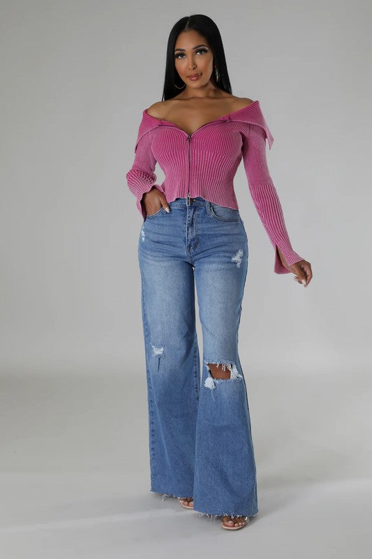 Soft Charm Off-Shoulder Knit  Blush Sweater